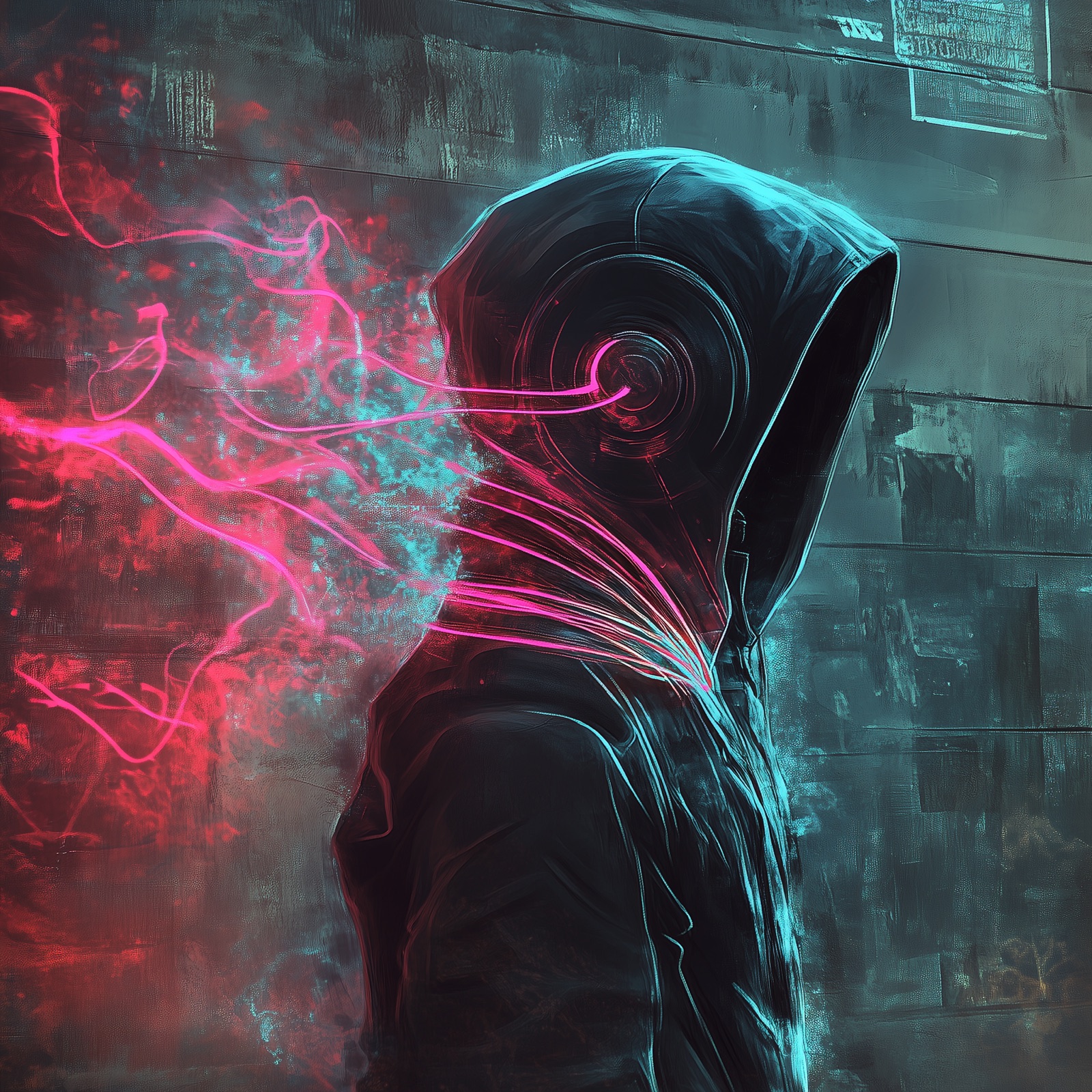 hooded figure with a glowing wire ear